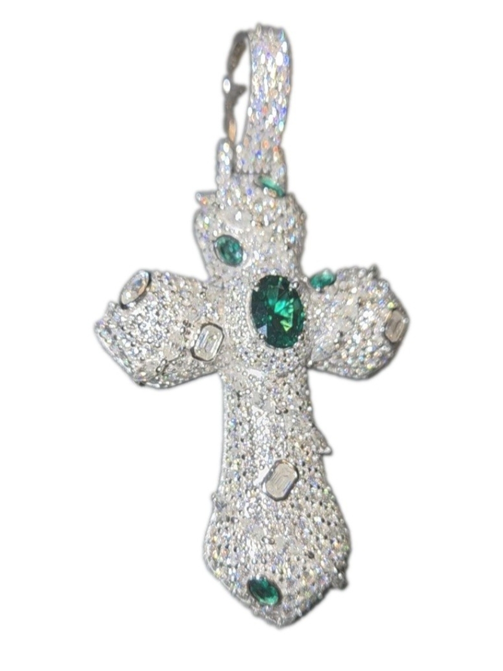 Iced Out VVS1 Moissanite Cross Pendant w Emerald Stones 925 Sterling Silver